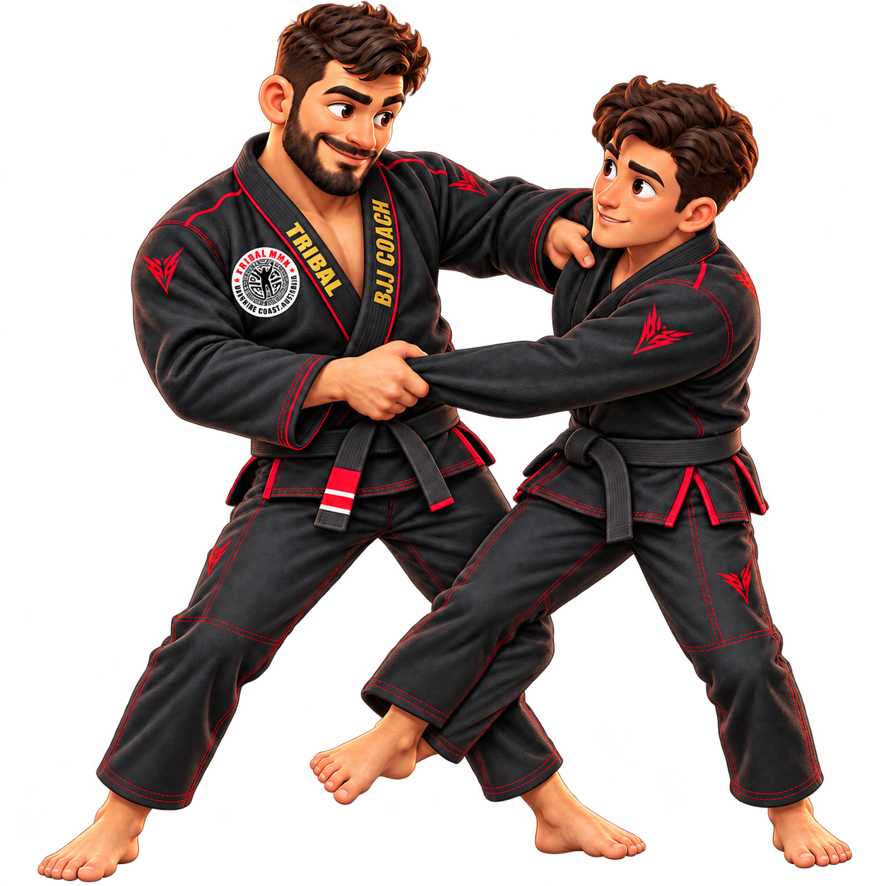 Tribal BJJ coach demonstrating a grappling technique with a student