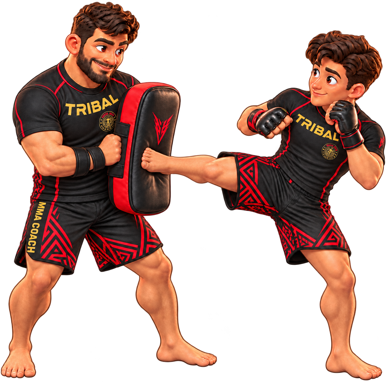 Tribal MMA coach holding a kick shield for a student
